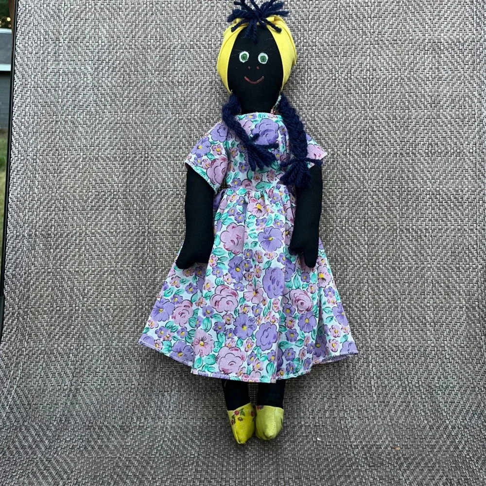 Vintage Venezuelan Folk Art Cloth Doll Handmade Floral Dress Yellow Headwrap 16